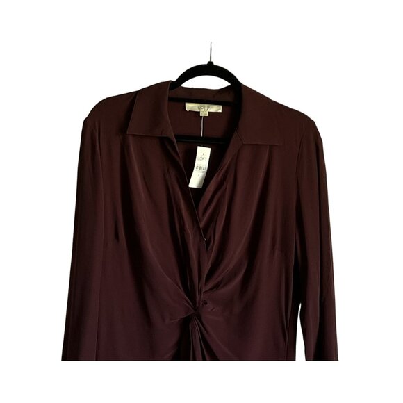 LOFT Womens Long Sleeve Shirt Dress 8 Burgundy Twist Front Detail Professional - Picture 2 of 6